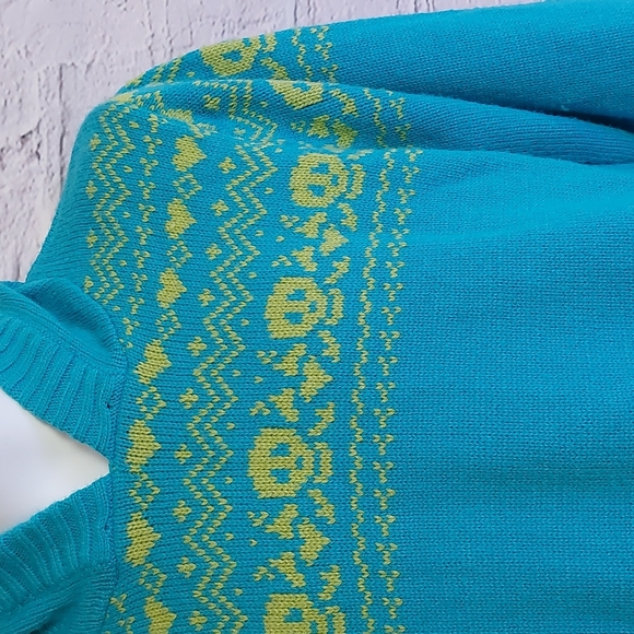 Fair Isle Knit Skull Derek Heart Blue Green Hoodie Sweater L Large Y2K - Picture 4 of 8